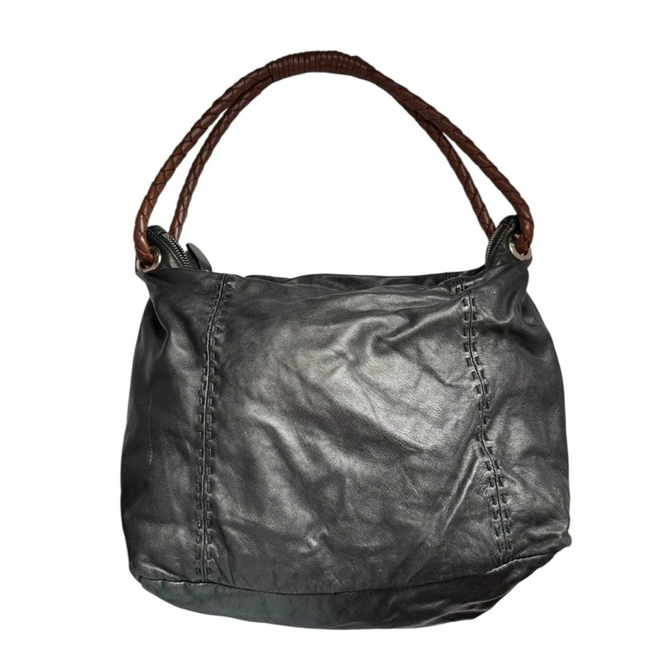 DESMO Monedero de cuero suave mantecoso con correas trenzadas, hobo, italiano Foto 2 de 4