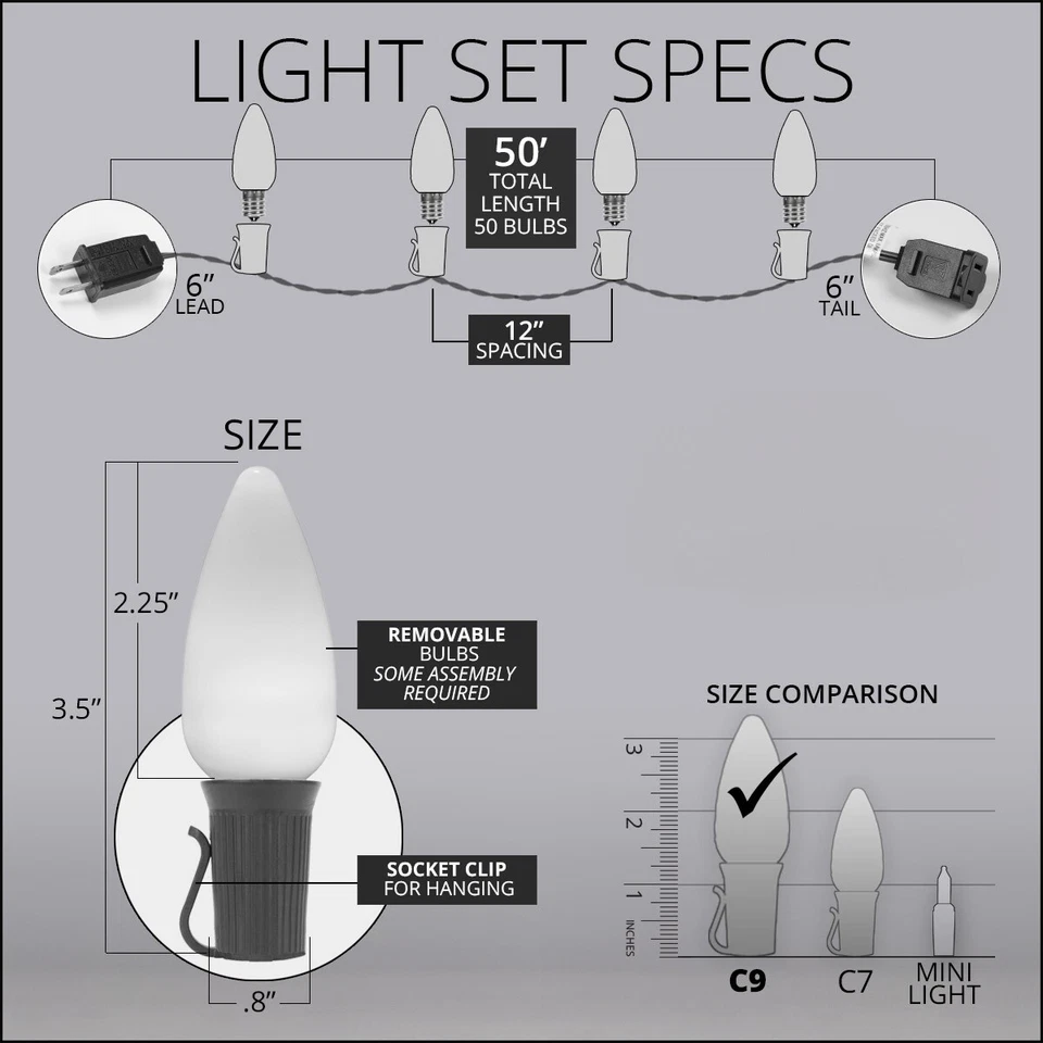 50 C9 OptiCore Shatterproof LED Christmas Lights Smooth Finish, White Wire 50ft - Image 3 of 4