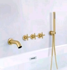 Sumerain Triple Handle Wall Mount Roman Tub Faucet with Hand Shower Brushed Gold
