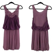 Ryu Dress Sequin Balloon Tiered Ruffled Beaded Toga Tea Length Plum Sz M