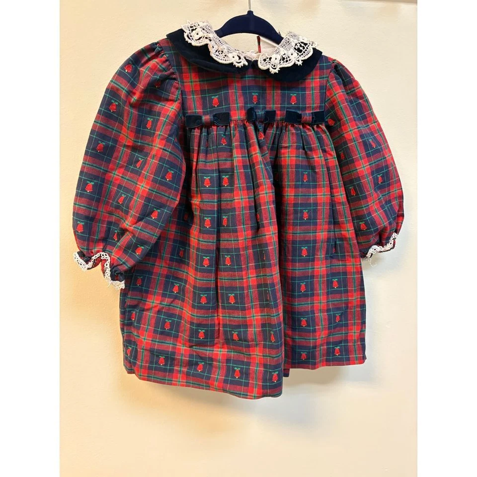 Vestido De Colección a Cuadros con Cuello de Encaje Azul Marino Rojo Por Goodlad 18 Mo Niño Pequeño con Campanas Foto 3 de 4