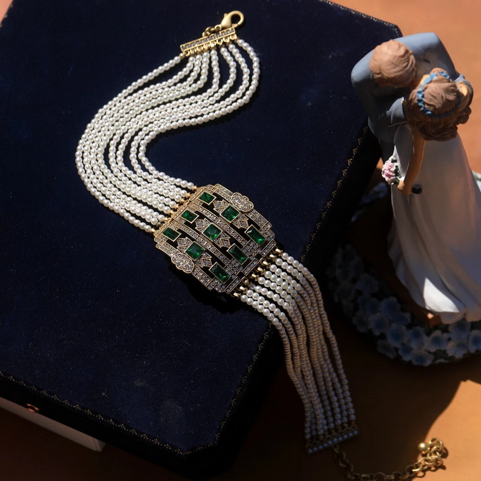 Halskette Vergoldet Grün Smaragd Halsnah Choker Weiße Perle Art Deco QD16 - Bild 3 von 4