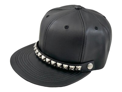 Black Leather Baseball Cap Hat Pyramid Studded Adjustable Faux