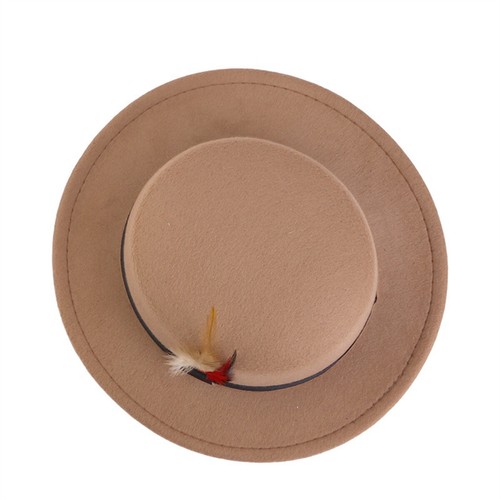 Men Women Porkpie Woolen Flat Top Hat Retro Feather Jazz Hat Gentleman's Hat - Picture 6 of 26