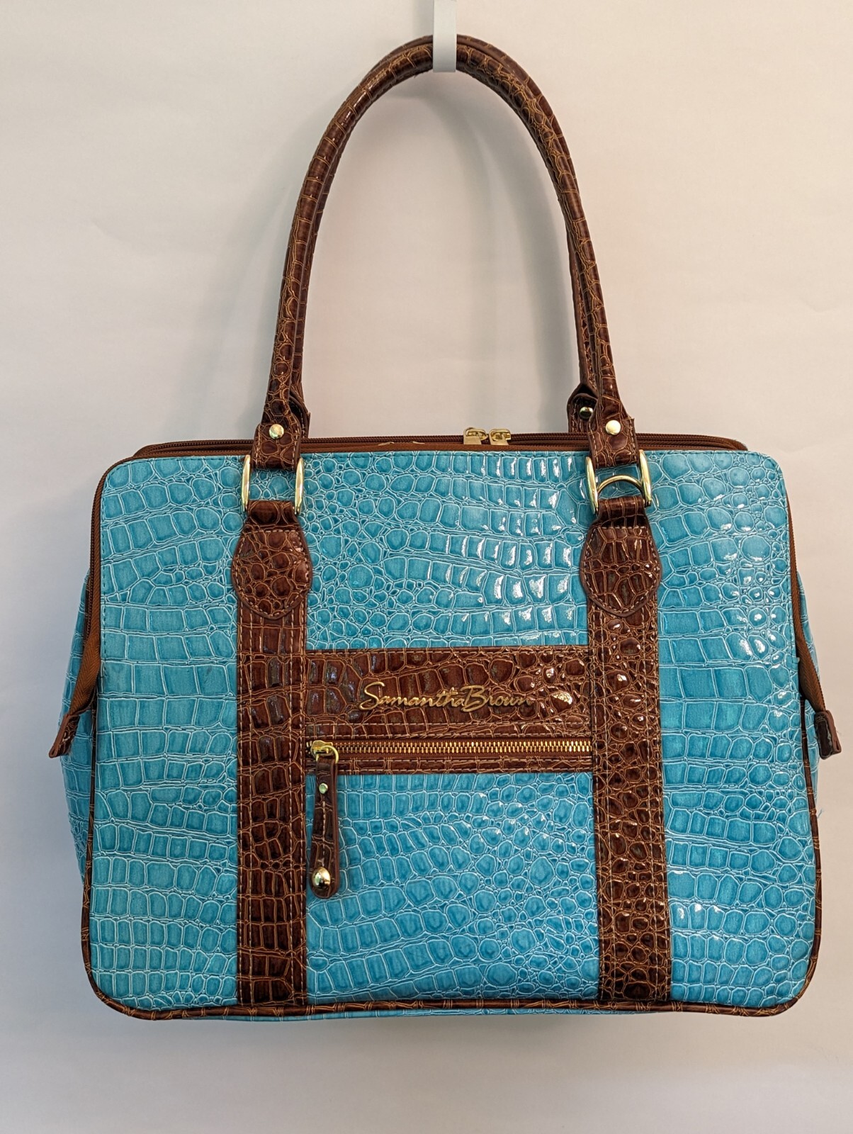 Samantha Brown Carry On Laptop Bag Turquoise and Brown Embossed Croc