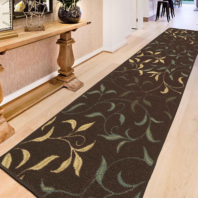 Machine Washable Leaves Design Non-Slip Rubberback 3X10 Traditional Runner Rug f