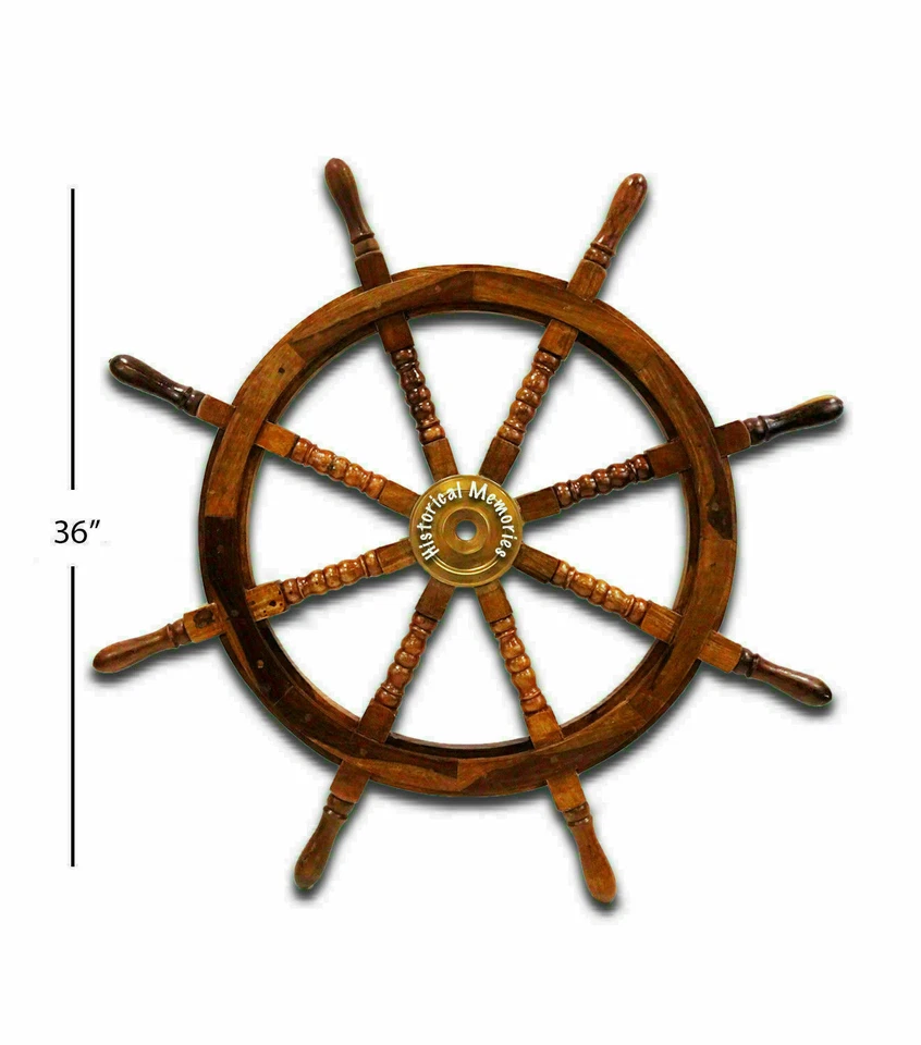 36" Wheel Wooden Teak Pirate Ship's Brass Nautical Big Ship Steering Home Décor - Image 2 of 3
