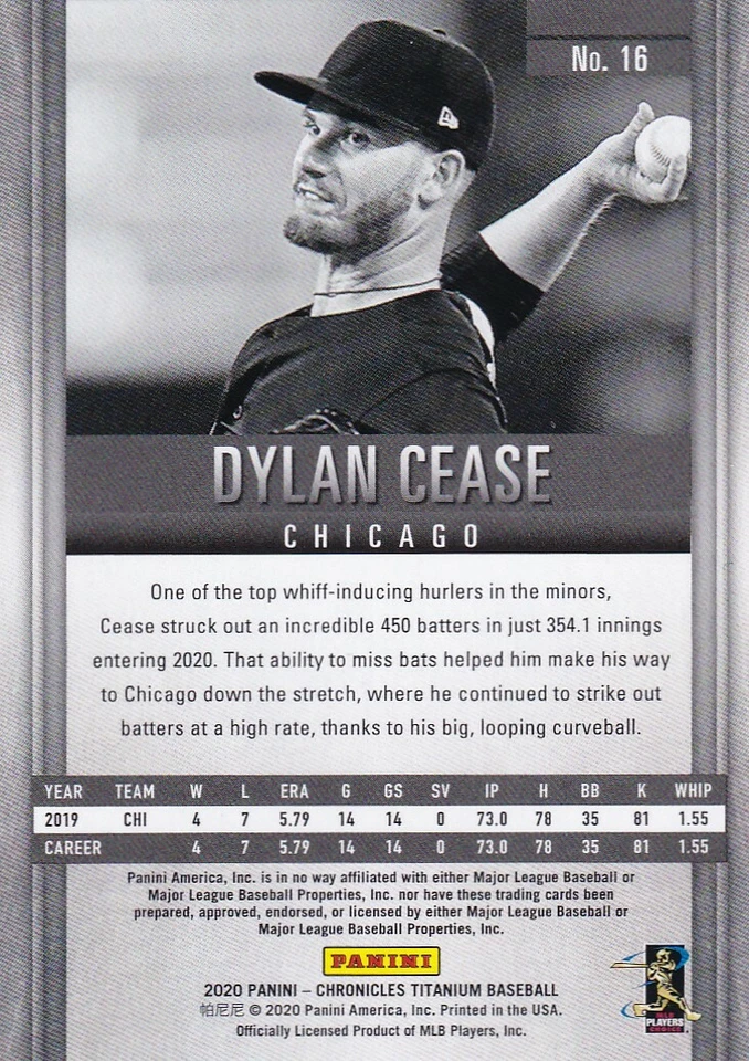 2020 CHRONICLES TITANIUM RC DYLAN CEASE CHICAGO WHITE SOX ROOKIE - B4636 - Image 2 of 2