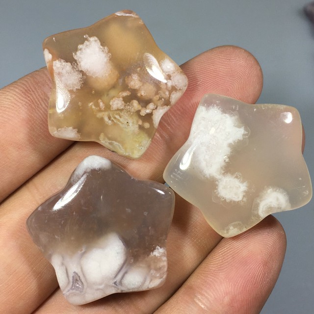 3pcs Natural cherry blossom agate Quartz pentagram hand Carved Crystal