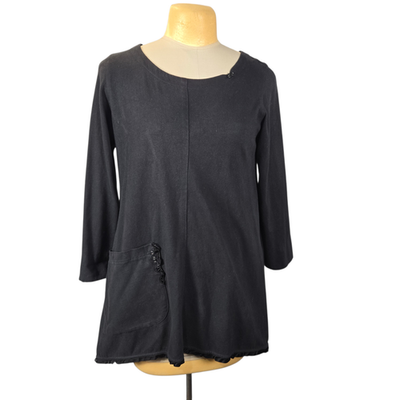 #ad #ad Kleen Women#x27;s Black Cotton Tunic Top M Lagenlook Boho Hippie Asymmetric Pocket $18.54