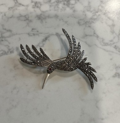 VTG Sterling Silver- Red Crystal Eye & Marcasite Flying Bird Pin 11g Judith Jack