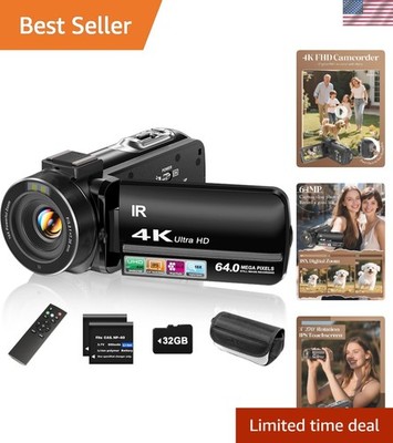 4K Video Camera Camcorder UHD 64MP Vlogging Camera for YouTube 18x Digital Zo...
