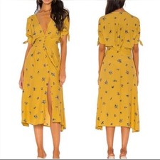 Faithfull the Brand Dress Womens Small Yellow Floral Billie VNeck Button Midi