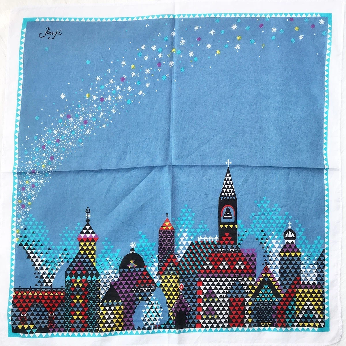 VTG Handkerchief Blue Cotton City Building Pattern Triangle Geometric Hanky 17"