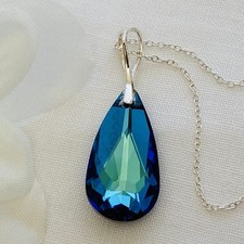 Sterling Silver Austrian Crystal Pear Drop 24mm Necklace Pendant Bermuda Blue