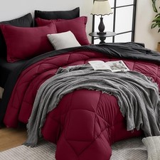 Comforter Set - 7-Piece All Season Burgundy Bed in a Bag Queen Red  Black