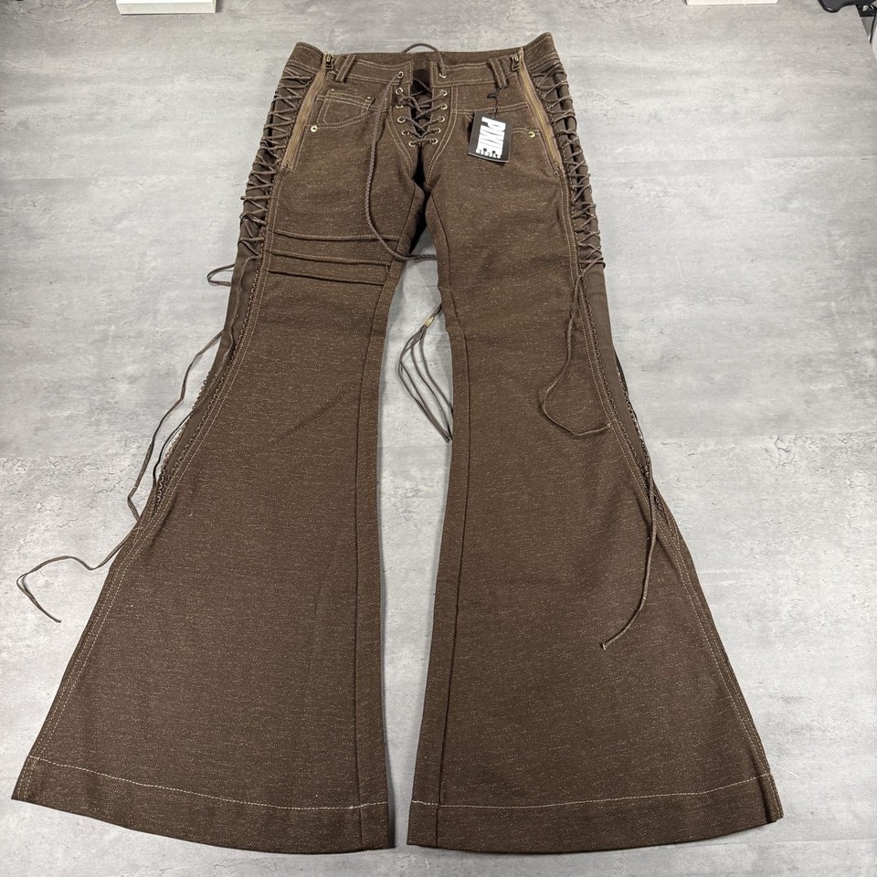 Pixie Rebels Flare Pants Womens 26x31 Brown Low Rise Lace-Up Side Zip Front NEW