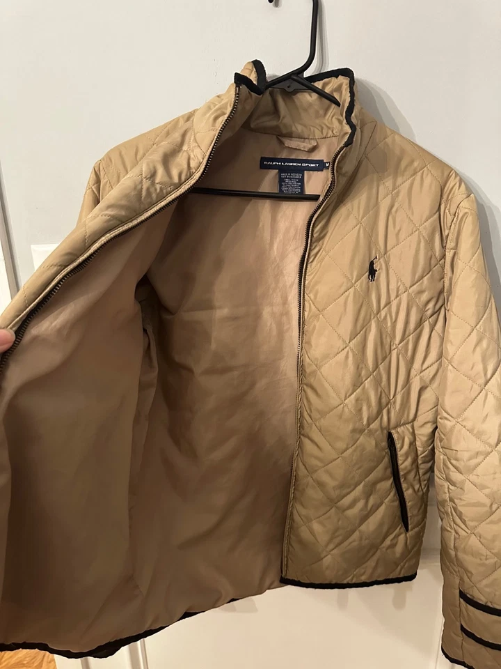 Chaqueta acolchada acolchada acolchada para mujer Polo Ralph Lauren talla mediana abrigo Preppy crema Foto 3 de 4