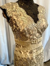 NWT Tadashi Shoji Gold Sequin Embroidered Lace Evening Cocktail Dress; Sz 8