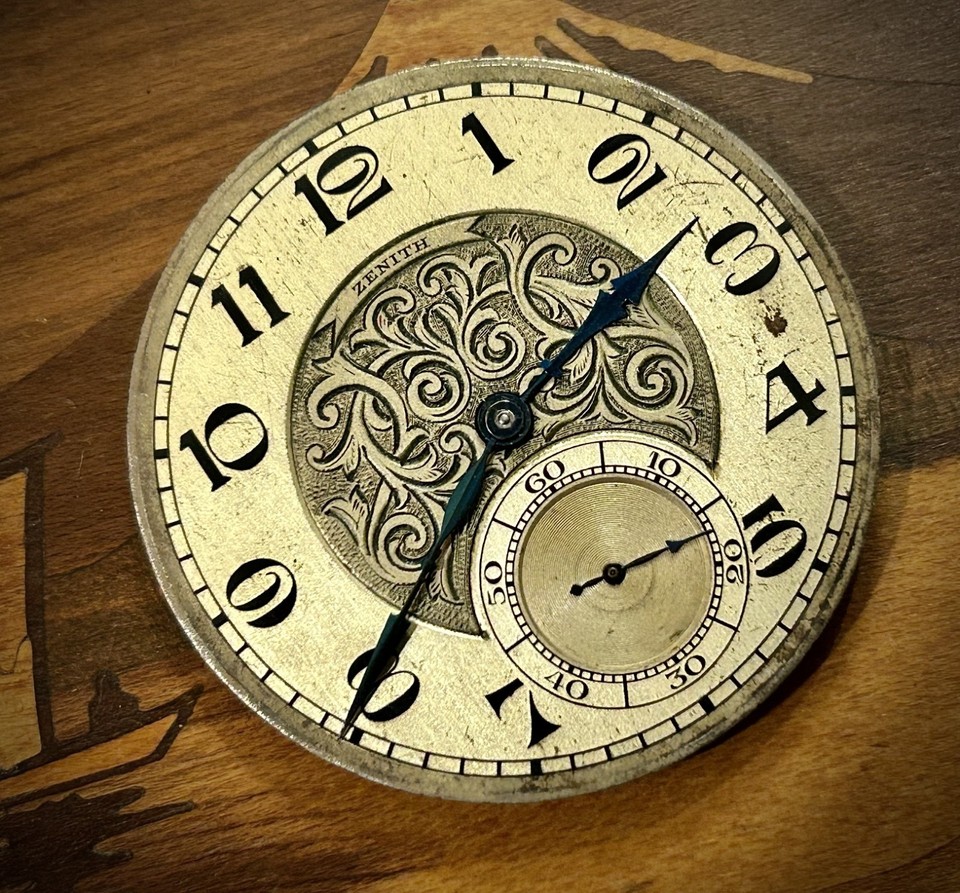 Antique Zenith Pocket Watch Movement Ornate Fancy Dial Runs Winds 261280