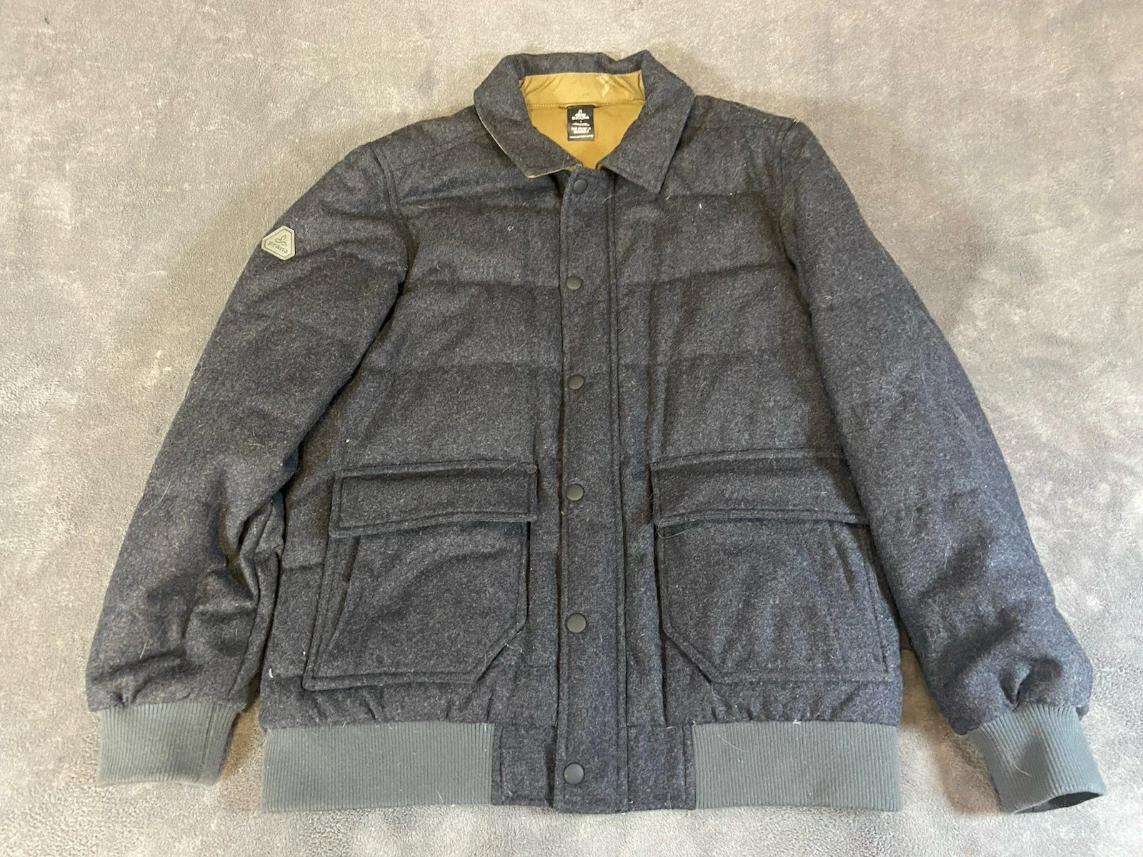 Prana B-Side Jacket Mens Size L Gray Puffer Bomber Wool Down Blend Reversible