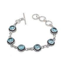 Aquamarine Gemstone Handmade 925 Sterling Silver Jewelry Bracelet Sz 7-8"