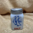 Vintage Hazel Atlas Blue Sailboat Milk Glass Salt Shaker w Top Nautical USA