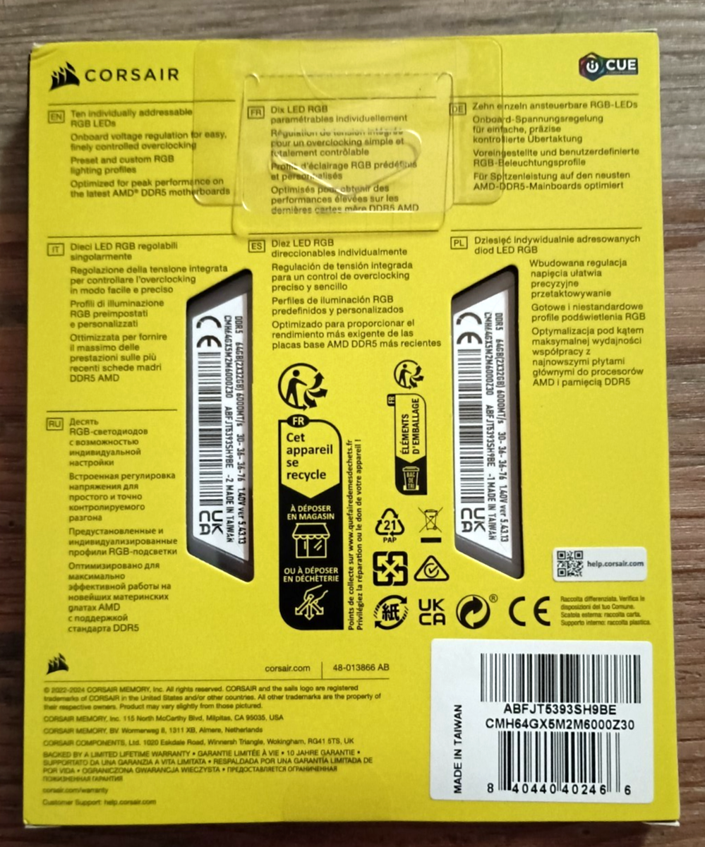 Corsair VENGEANCE RGB 64GB (2x32GB) DDR5 DRAM 6000MT/s CL30 Memory