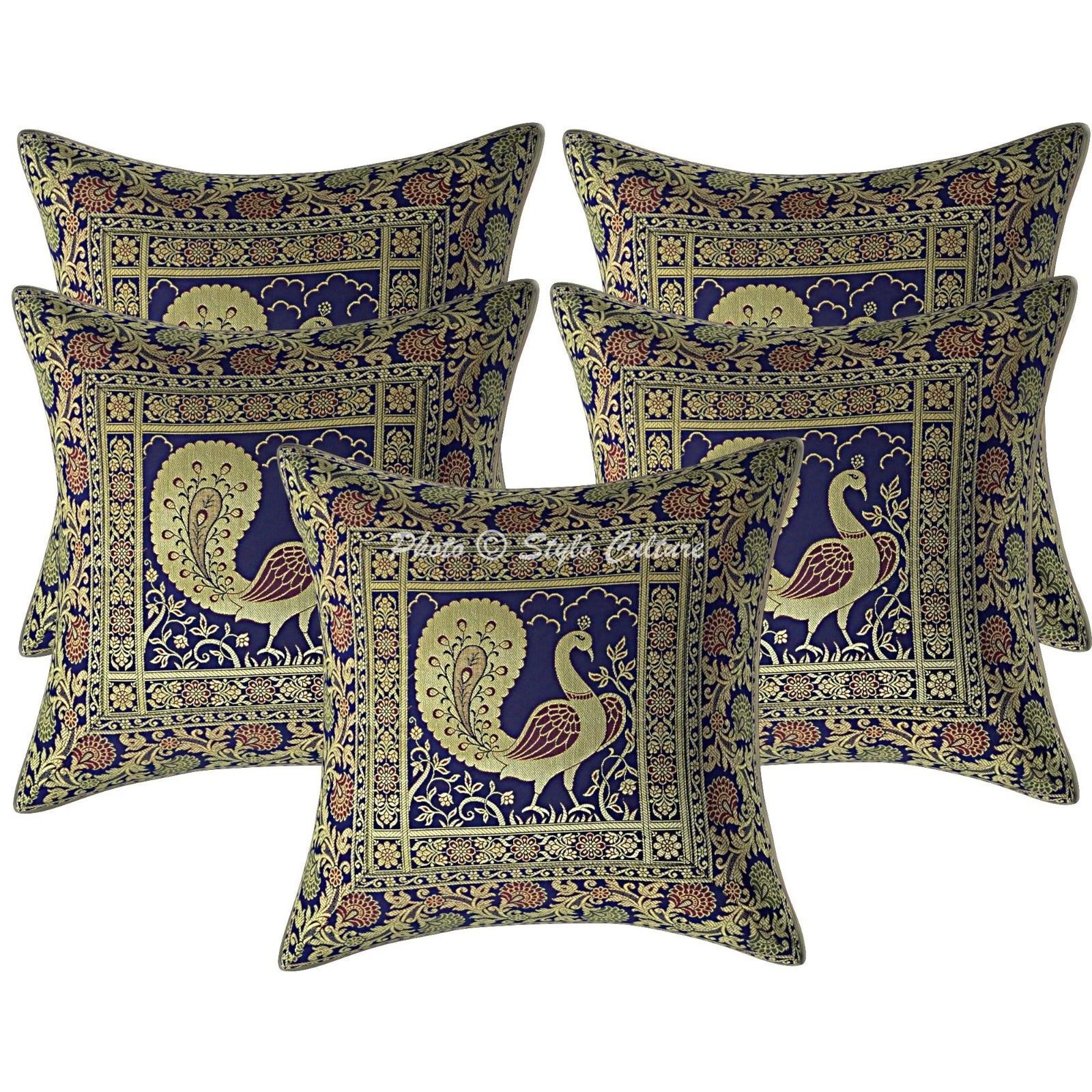 Ethnic Brocade Throw Pillow Covers Jacquard Navy Blue Peacock Home Pillowcases