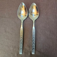 2 Oneida Ltd SPANISH COURT Stainless Flatware Black Handle Solid Serving Spoons