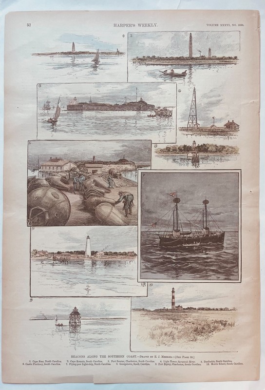 Blue/brown So. & No. Carolina coastal LIGHTHOUSES Original Harper's Weekly 1892