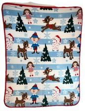 Rudolph The Rednosed Reindeer Throw Blanket Christmas Elves Bears 47  x 35   EUC