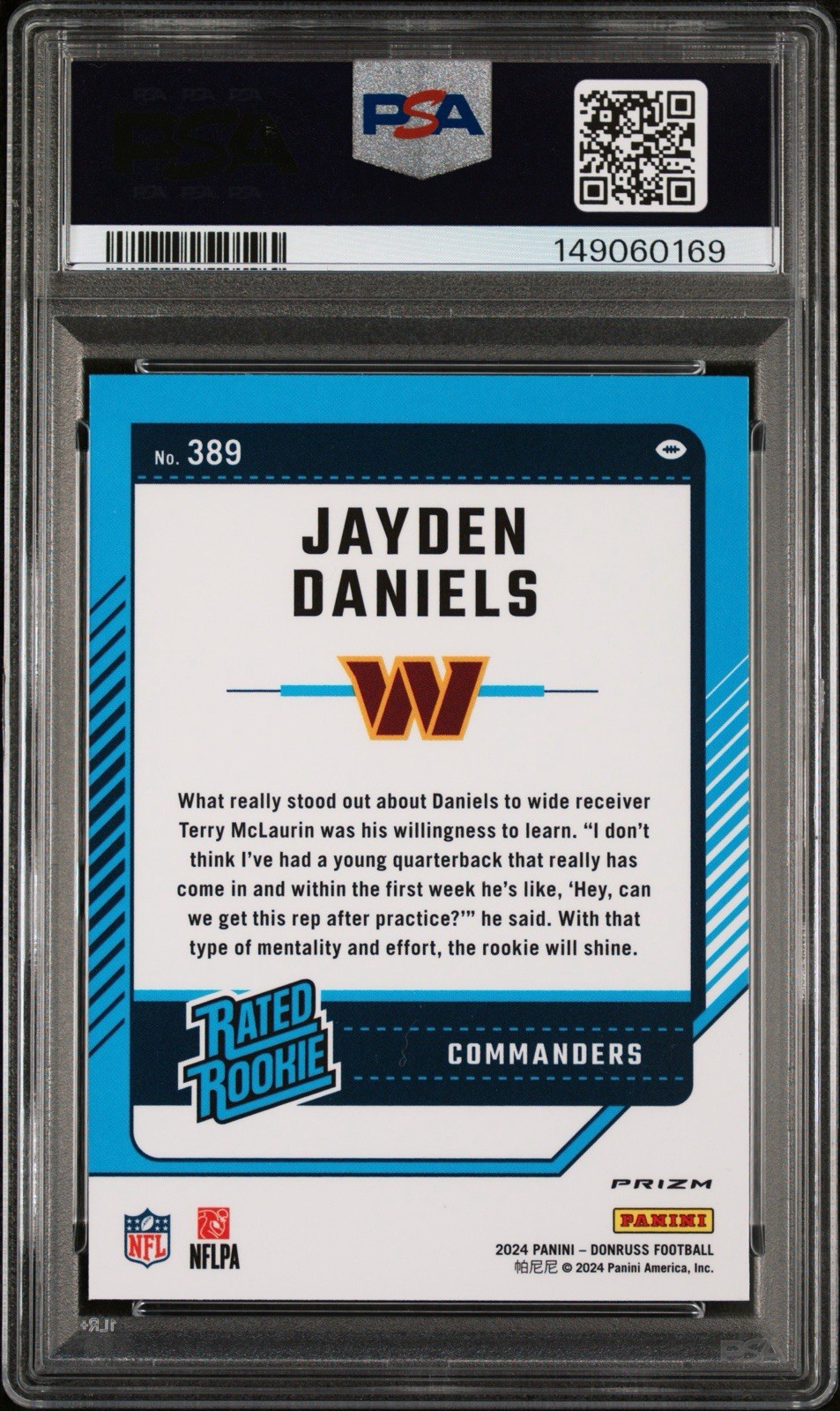 PSA 10 2024 Donruss Rated Rookie Jayden Daniels #389 Optic Preview Pink Prizm RC view 3