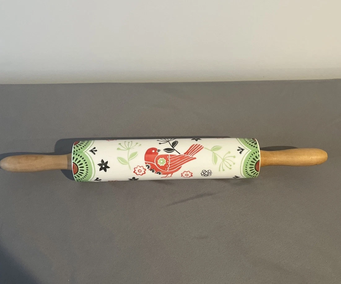 Unbranded Rolling Pin Bird Floral Green Red Branches 18” W/ Handles Rare
Opens in a new window or ta