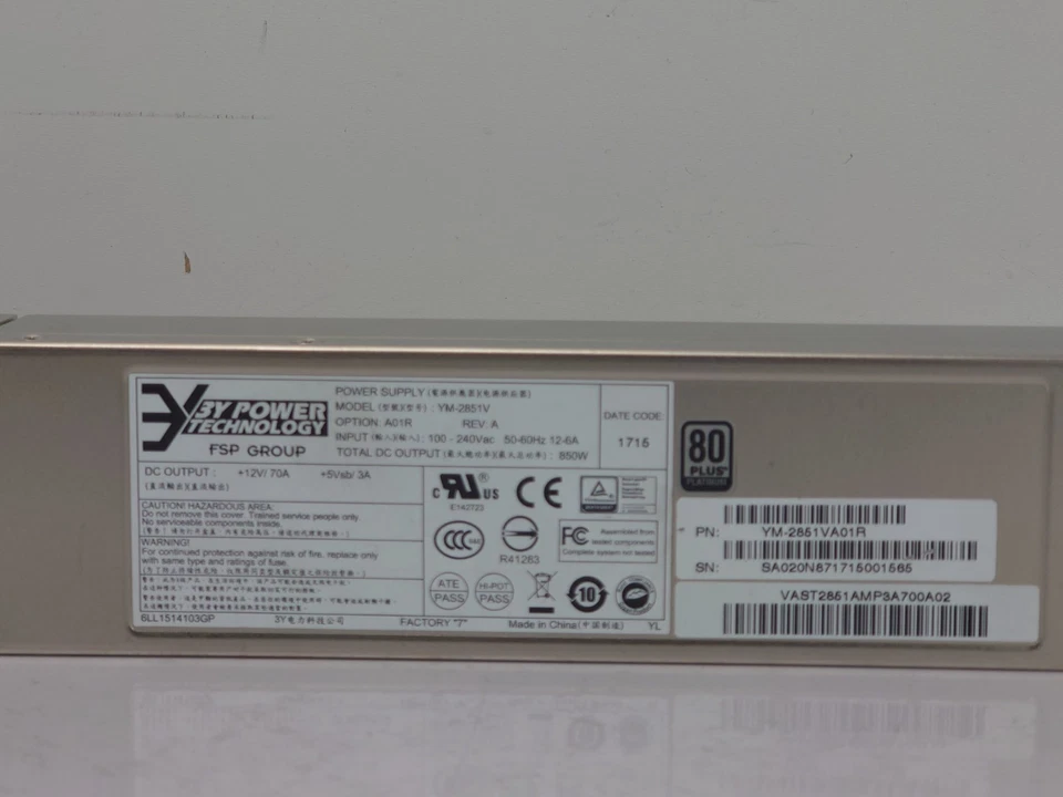 3Y Power FSP 850W PSU YM-2851V Netzteil Server Power Supply YM-2851VA01R - Bild 3 von 4