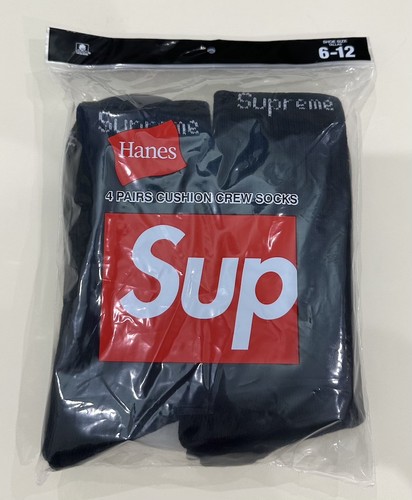 Supreme X Hanes Crew Socks - Black, 4 Pack, Size 6-12