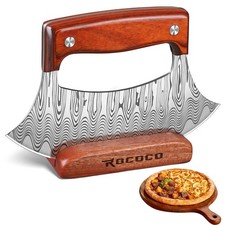 Pizza Cutter Ulu – Full Tang Mezzaluna Rocker with Wood Block for Kitchen Chr...