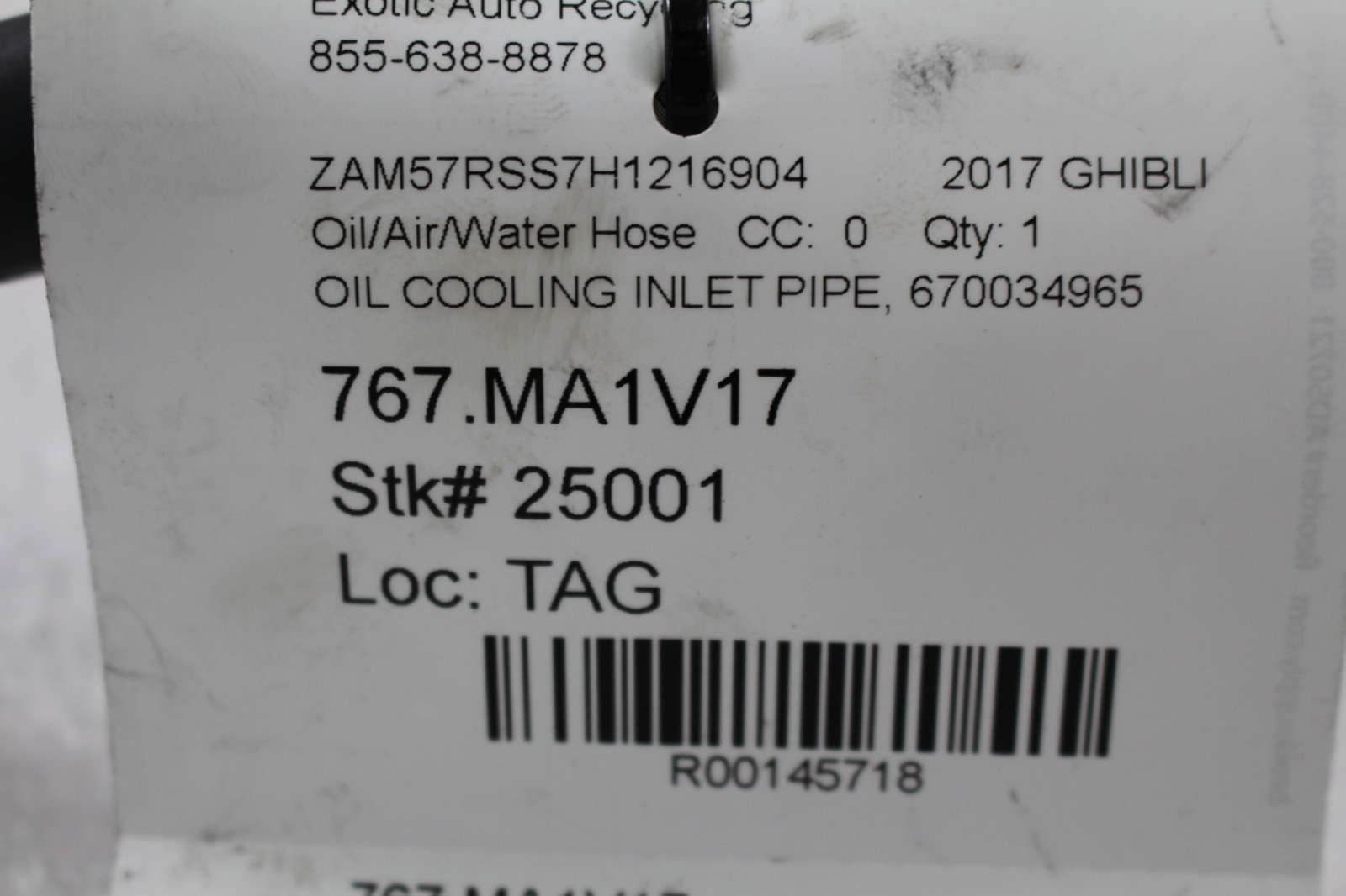 Maserati Ghibli, Transmission Oil Delivery Line, Used, P/N 670034965