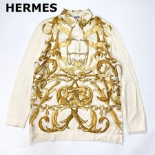 USED HERMES LONG-SLEEVE KNIT SHIRT WITH SCARF PATTERN, SILK, WHITE, SIZE GOOD