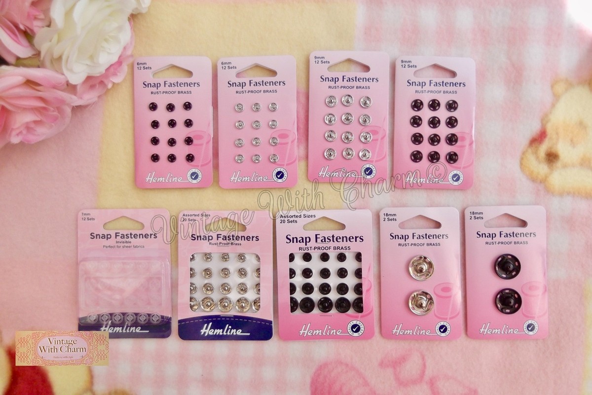 Metal Snap Fasteners, BLACK, 6mm Dia., 12 Sets Sew-In, By Hemline