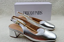 DREAM PAIRS Women's Silver Low Chunky Heels Slingback Square Toe Shoes Size 8