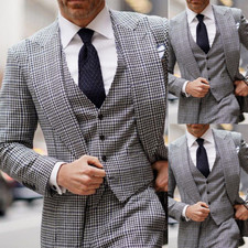 Houndstooth Men Suits 3 Pieces Blazer Vest Pants One Button Business Wide Lapel