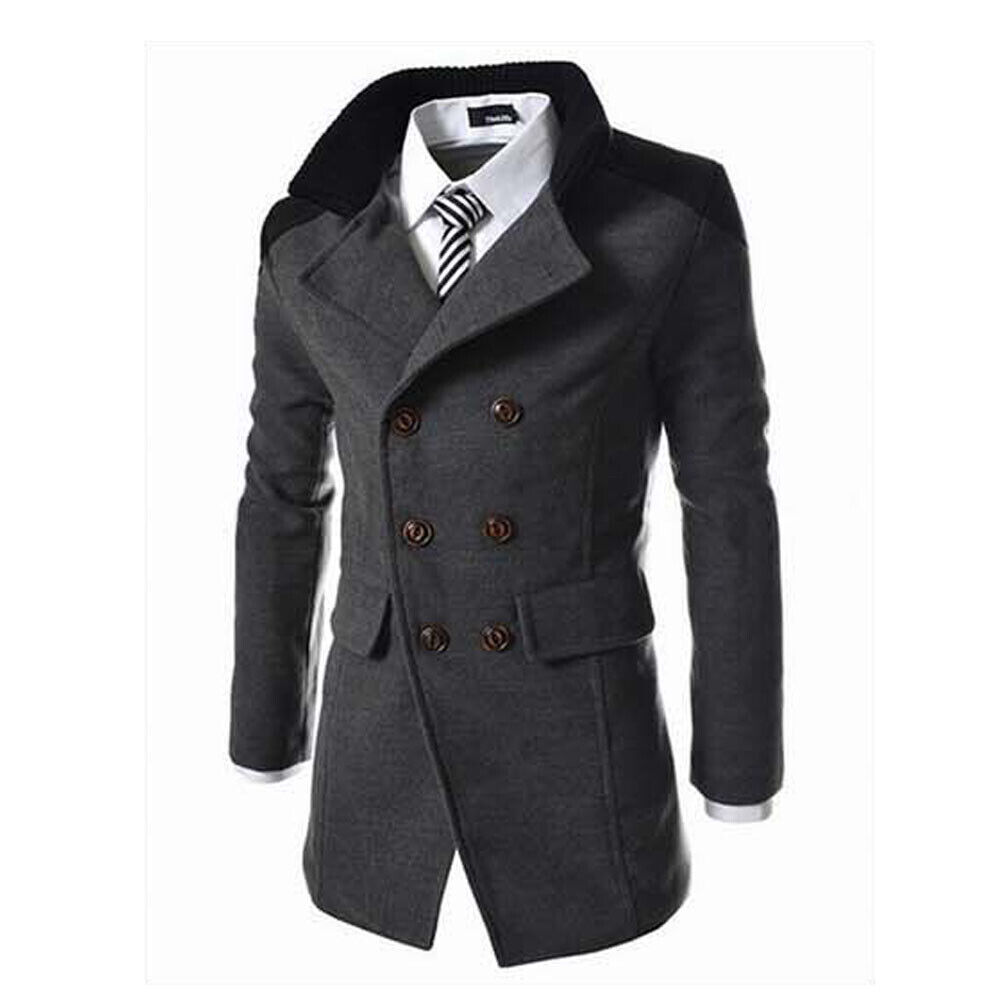 Winter Mens Double-Breasted Lapel Trench Coat Long Jacket Overcoat ...