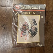 Vintage 1977 Sunset Stitchery Indian Chief Crewel Embroidery Kit 2220 - NEW