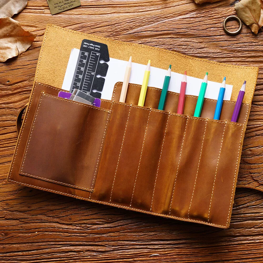 Genuine Leather Pencil Case Handmade Roll Up Pen Storage Bag Stationery  Supplies