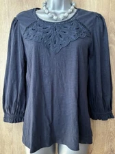 CREW CLOTHING 8/XS Navy Blue Embroidered/Crotchet 3/4 sleeve jersey top