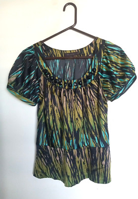 The Limited Stretch Womens Black Green Brown Prints V Neck Top Size M