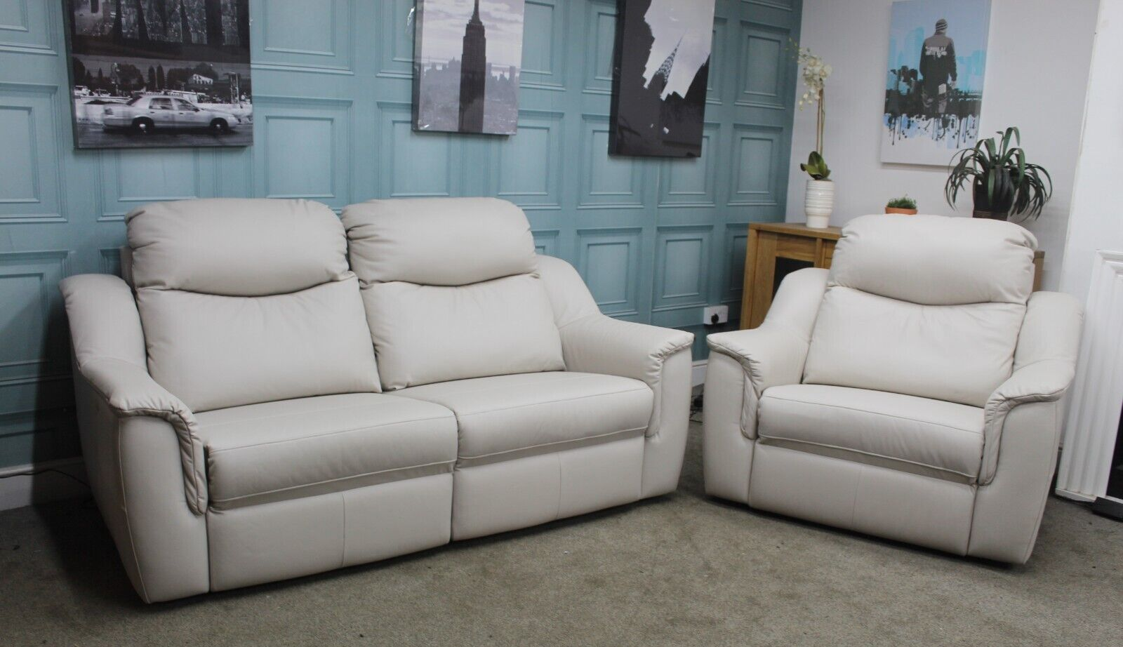 G PLAN FIRTH ELECTRIC 3 SEATER SOFA & LARGE ARMCHAIR IN OXFORD CHALK