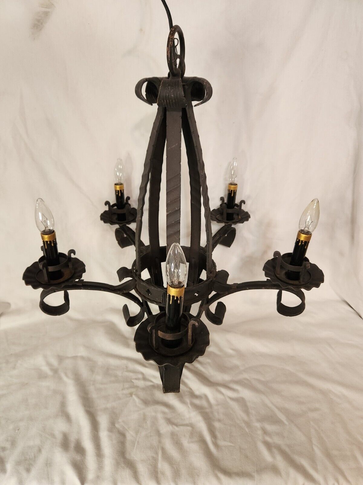Vintage Spanish Colonial / Gothic Black Wrought Iron Hanging Chandelier