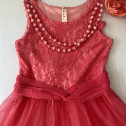 Cherokee Coral Pink Party Dress Floral Lace Layered Tulle Pearl Girls L (10-12) - Picture 3 of 14